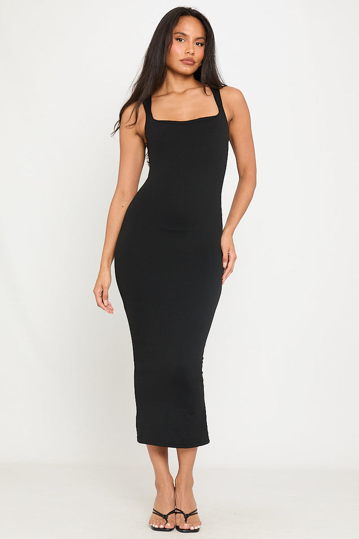 Valantomode | Chic Black Double Layer Midi Dress with Square Neck