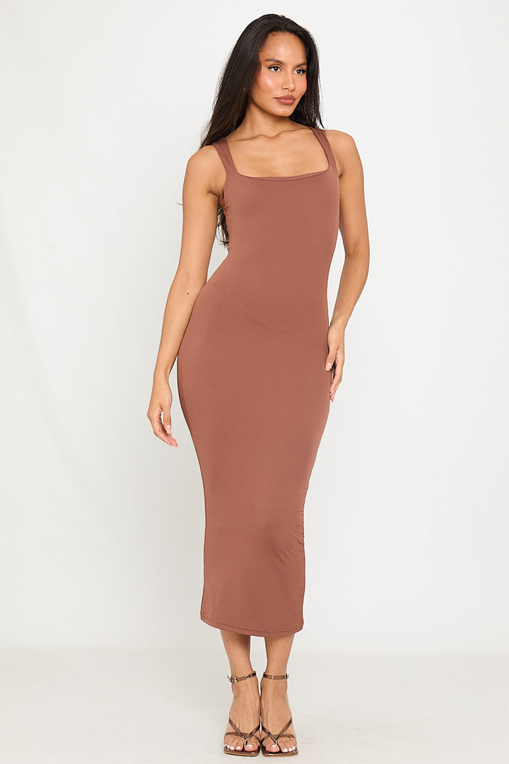 Valantomode | Chic Coffee Double Layer Midi Dress with Square Neck