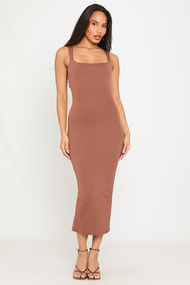 Valantomode | Chic Coffee Double Layer Midi Dress with Square Neck