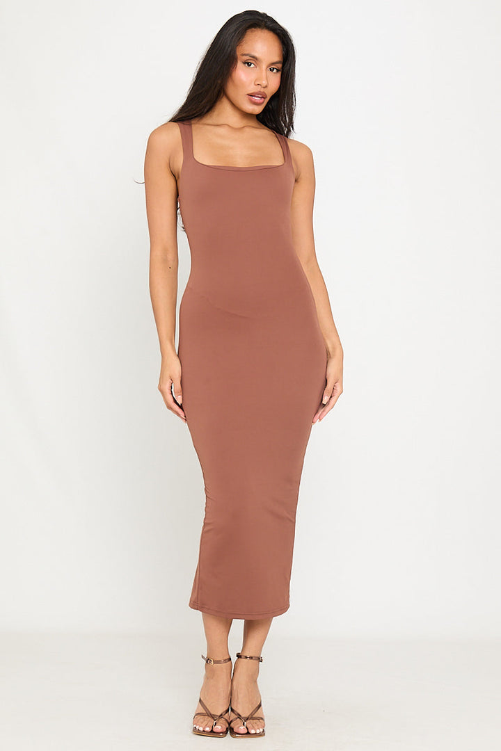 Valantomode | Chic Coffee Double Layer Midi Dress with Square Neck