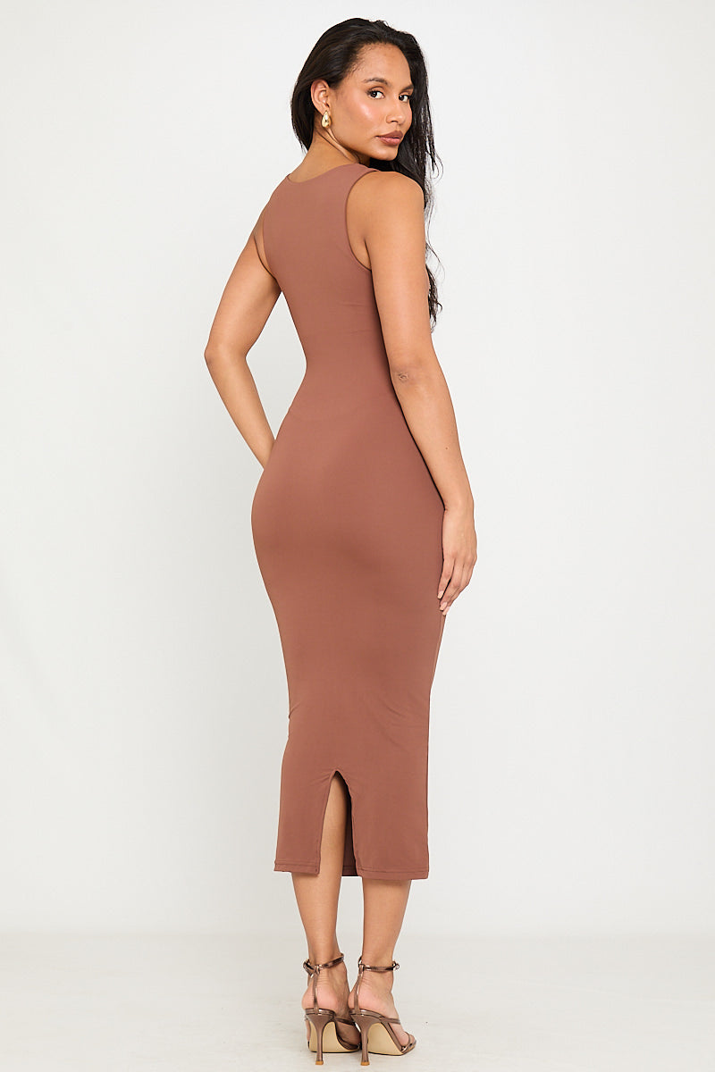 Valantomode | Chic Coffee Double Layer Midi Dress with Square Neck