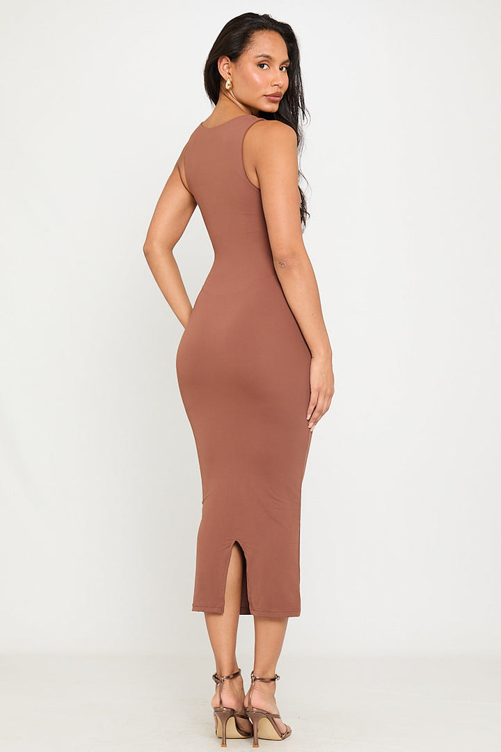 Valantomode | Chic Coffee Double Layer Midi Dress with Square Neck