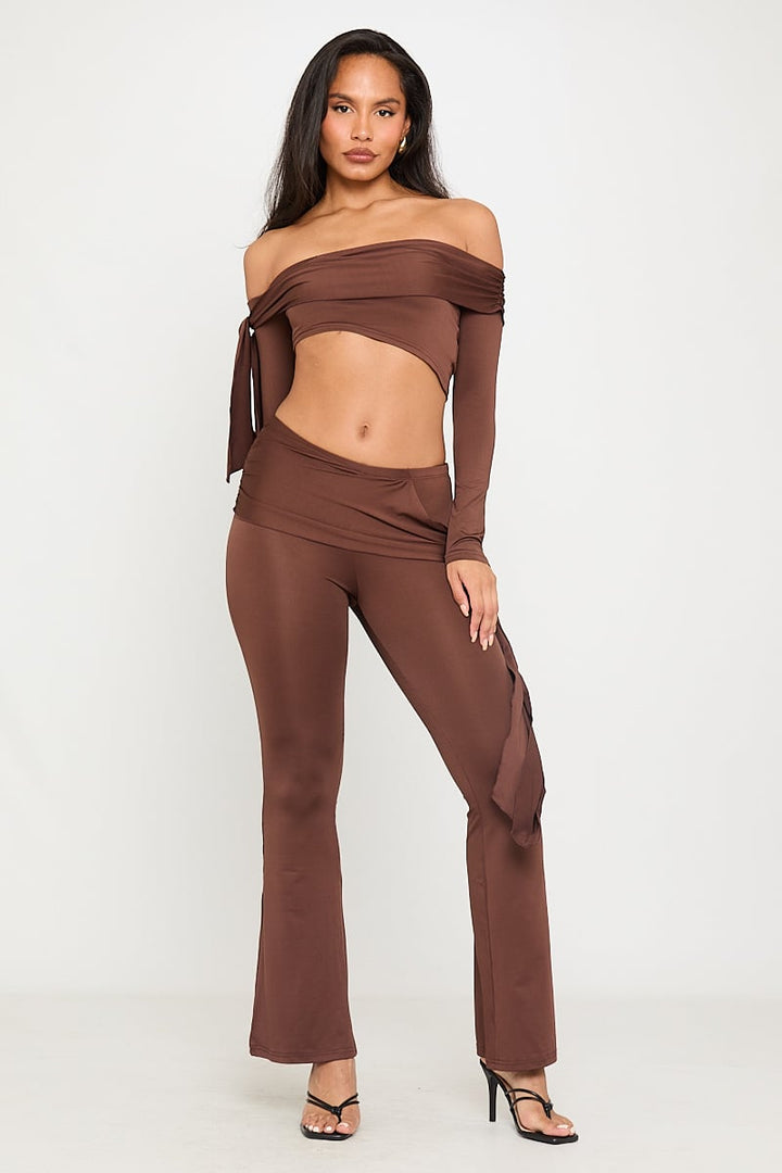 Valantomode | Chic Chocolate Off Shoulder Top & Flared Leggings Set