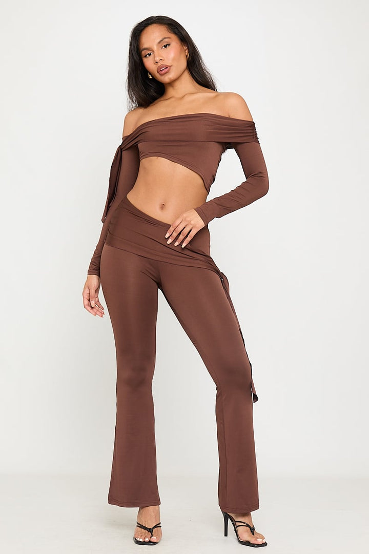Valantomode | Chic Chocolate Off Shoulder Top & Flared Leggings Set