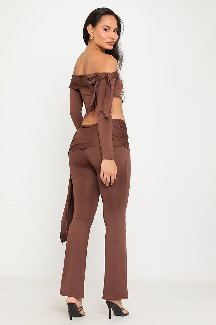 Valantomode | Chic Chocolate Off Shoulder Top & Flared Leggings Set