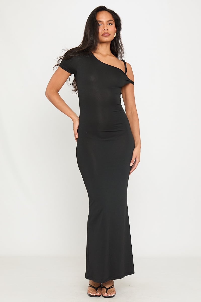 Valantomode | Elegant Black Asymmetric One Shoulder Maxi Dress