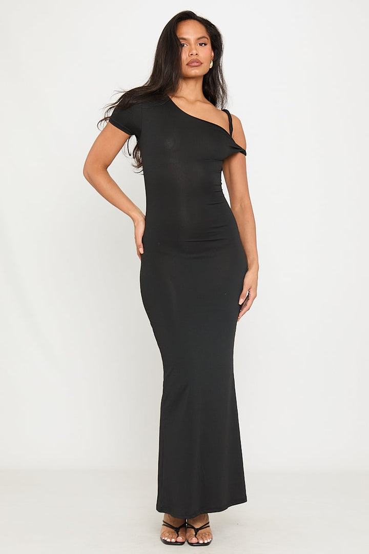 Valantomode | Elegant Black Asymmetric One Shoulder Maxi Dress