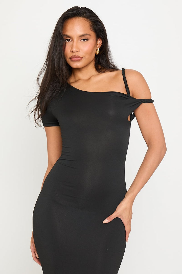 Valantomode | Elegant Black Asymmetric One Shoulder Maxi Dress