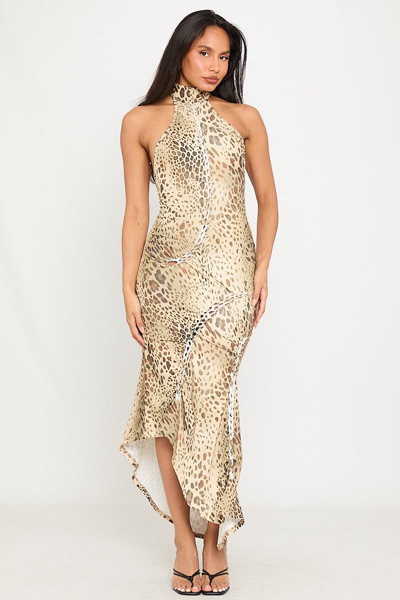 Valantomode | Chic Leopard Print High Neck Open Back Maxi Dress