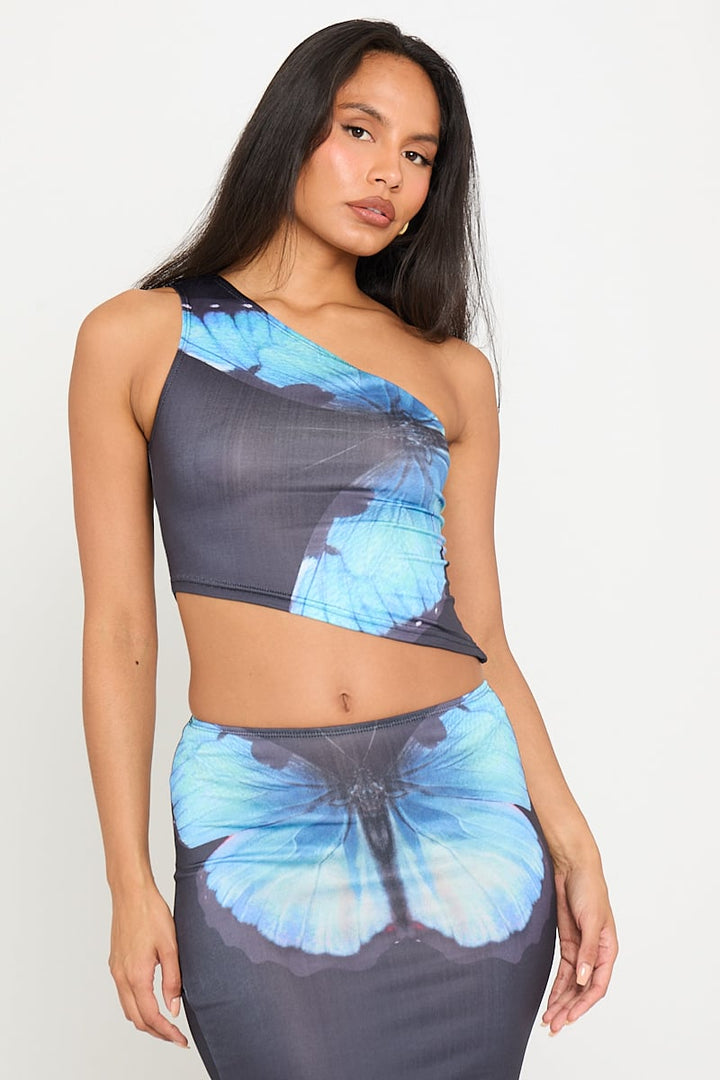 Valantomode | Chic Black Butterfly Asymmetric Top & Maxi Skirt Set