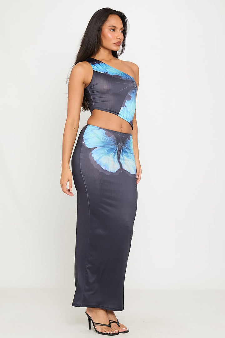 Valantomode | Chic Black Butterfly Asymmetric Top & Maxi Skirt Set