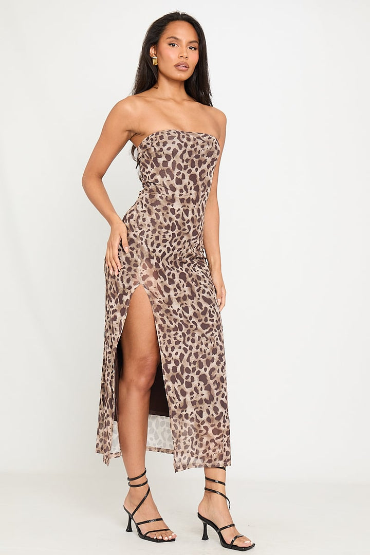 Valantomode | Chic Leopard Chiffon Strapless Midi Dress with Split