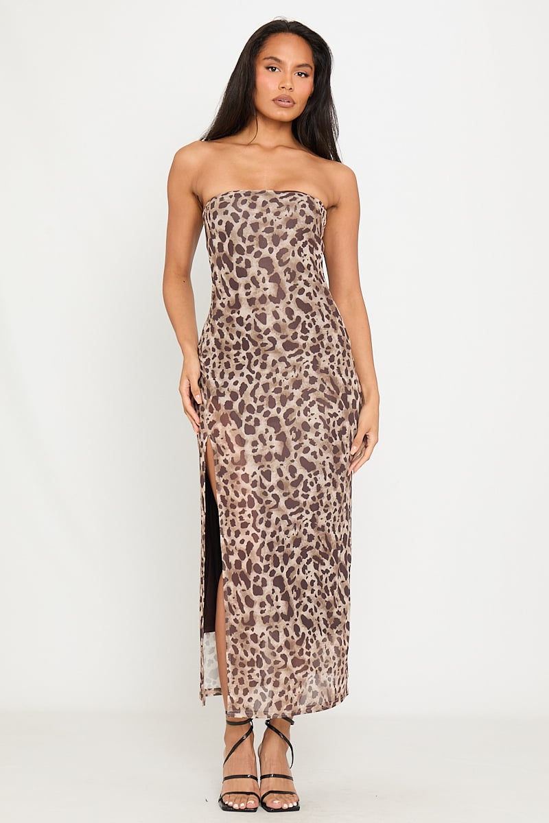 Valantomode | Chic Leopard Chiffon Strapless Midi Dress with Split