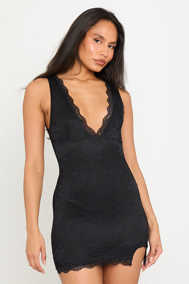 Valantomode | Elegant Black Lace Plunge Mini Dress for Night Out
