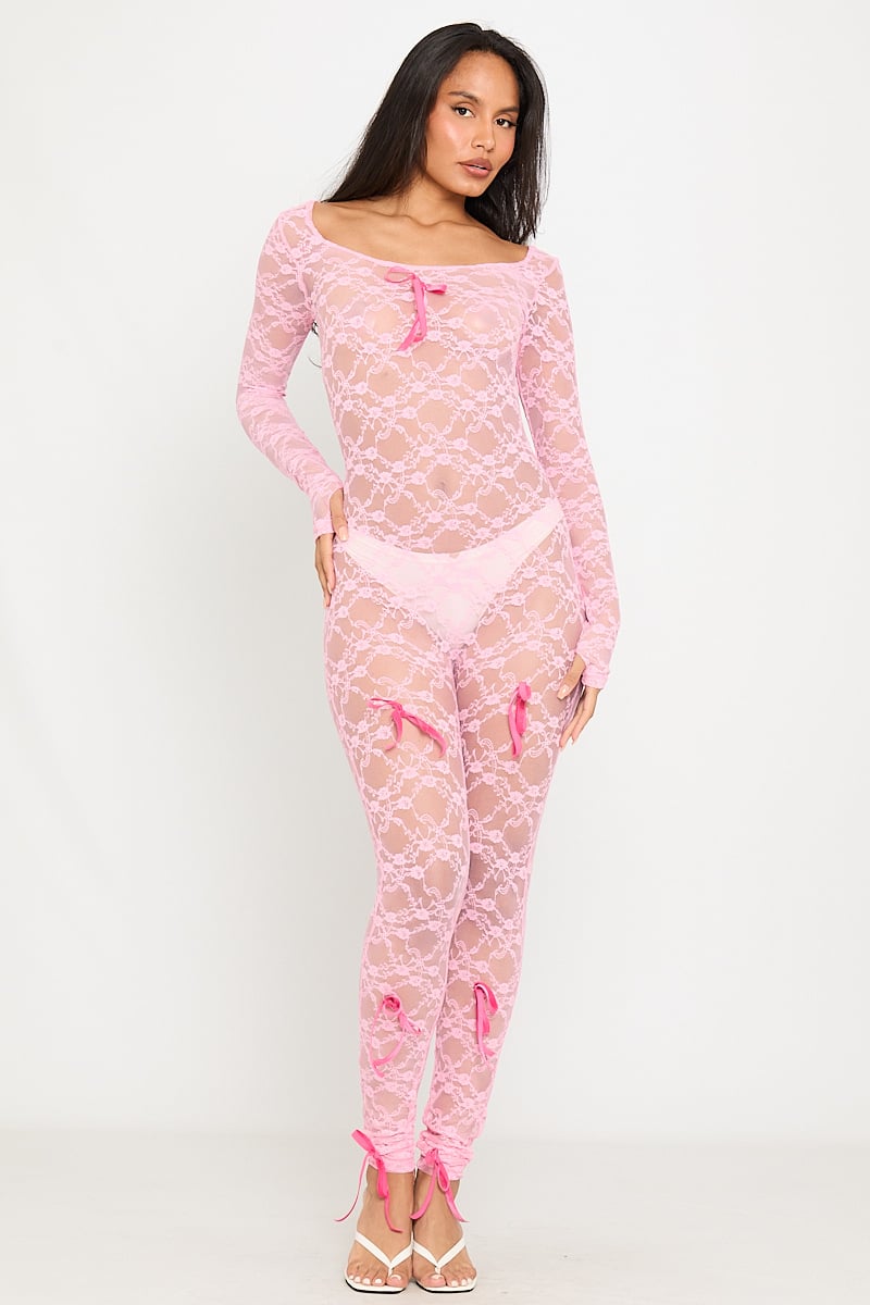 Valantomode | Elegant Pink Sheer Lace Long Sleeve Jumpsuit with Bow Detail