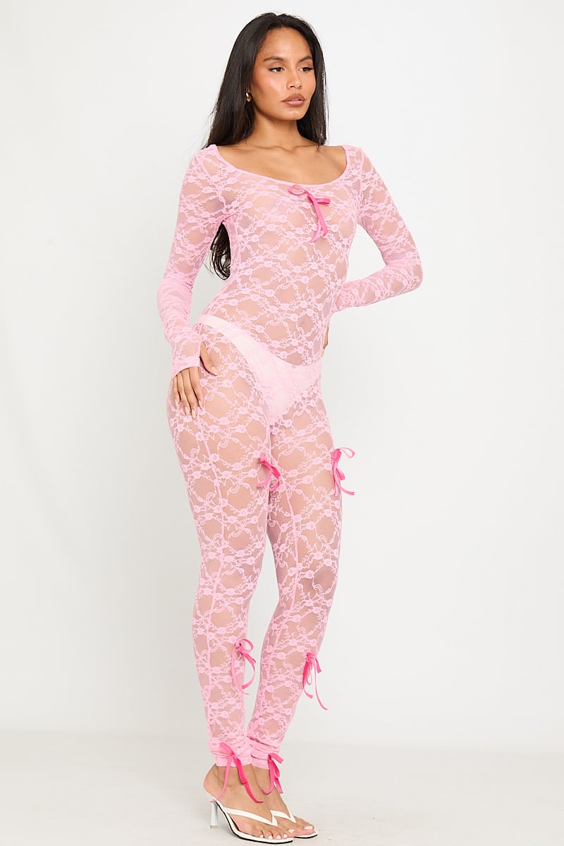 Valantomode | Elegant Pink Sheer Lace Long Sleeve Jumpsuit with Bow Detail