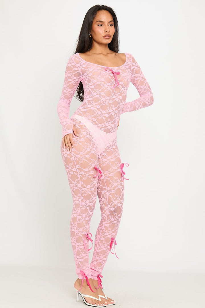 Valantomode | Elegant Pink Sheer Lace Long Sleeve Jumpsuit with Bow Detail