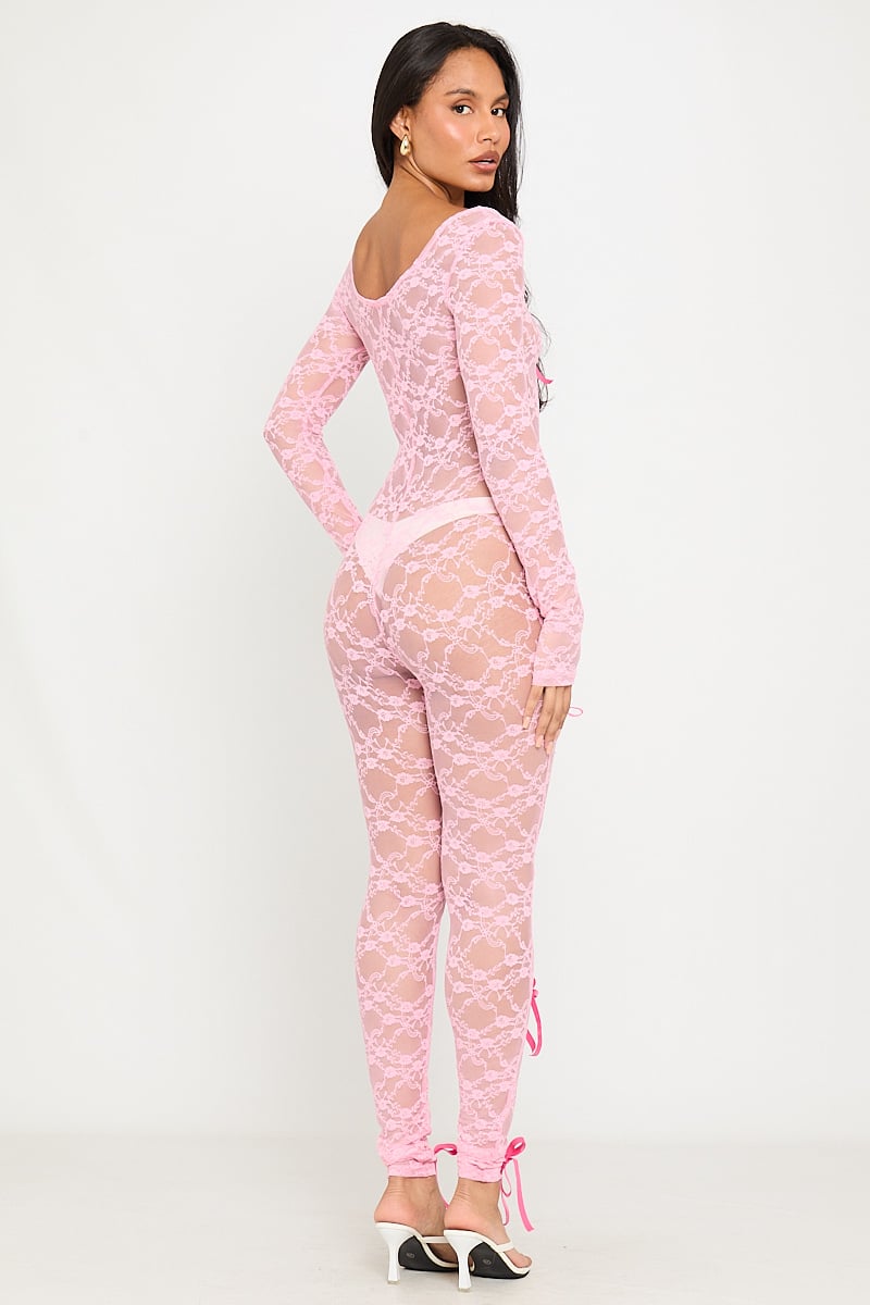 Valantomode | Elegant Pink Sheer Lace Long Sleeve Jumpsuit with Bow Detail