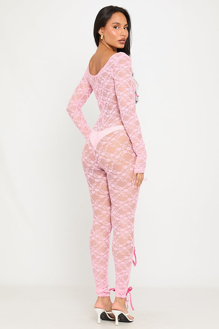 Valantomode | Elegant Pink Sheer Lace Long Sleeve Jumpsuit with Bow Detail