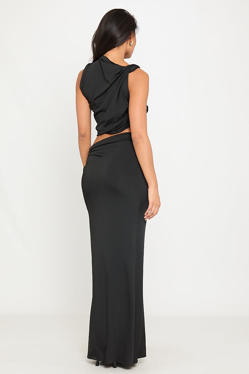 Valantomode | Chic Black Ruched Crop Top & Maxi Skirt Set