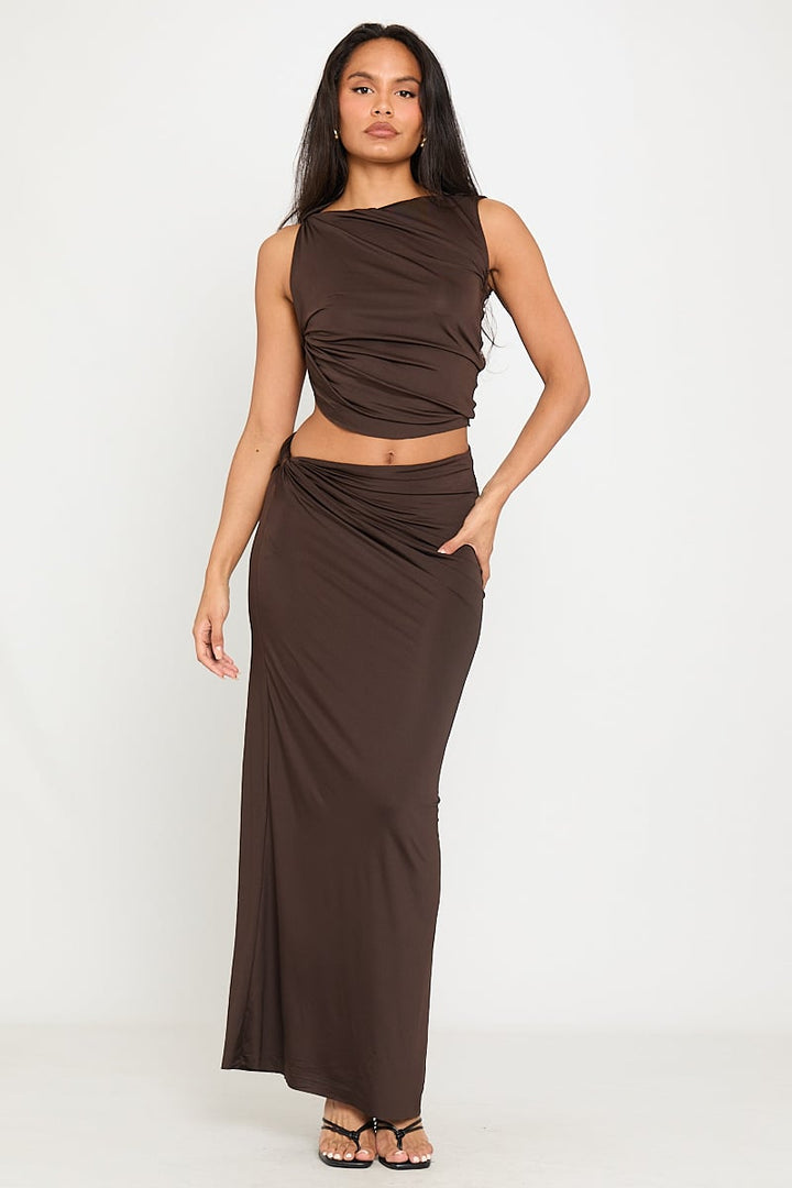 Valantomode | Chic Brown Ruched Crop Top & Maxi Skirt Set