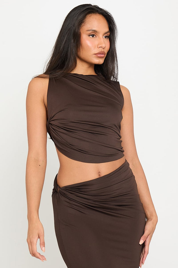 Valantomode | Chic Brown Ruched Crop Top & Maxi Skirt Set