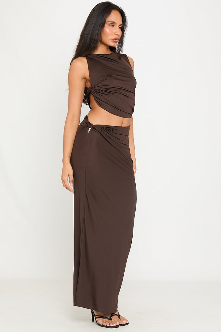 Valantomode | Chic Brown Ruched Crop Top & Maxi Skirt Set