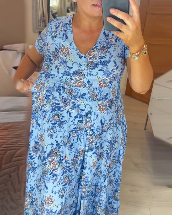 Valantomode | Chic V-Neck Floral Dress for Effortless Summer Glamour