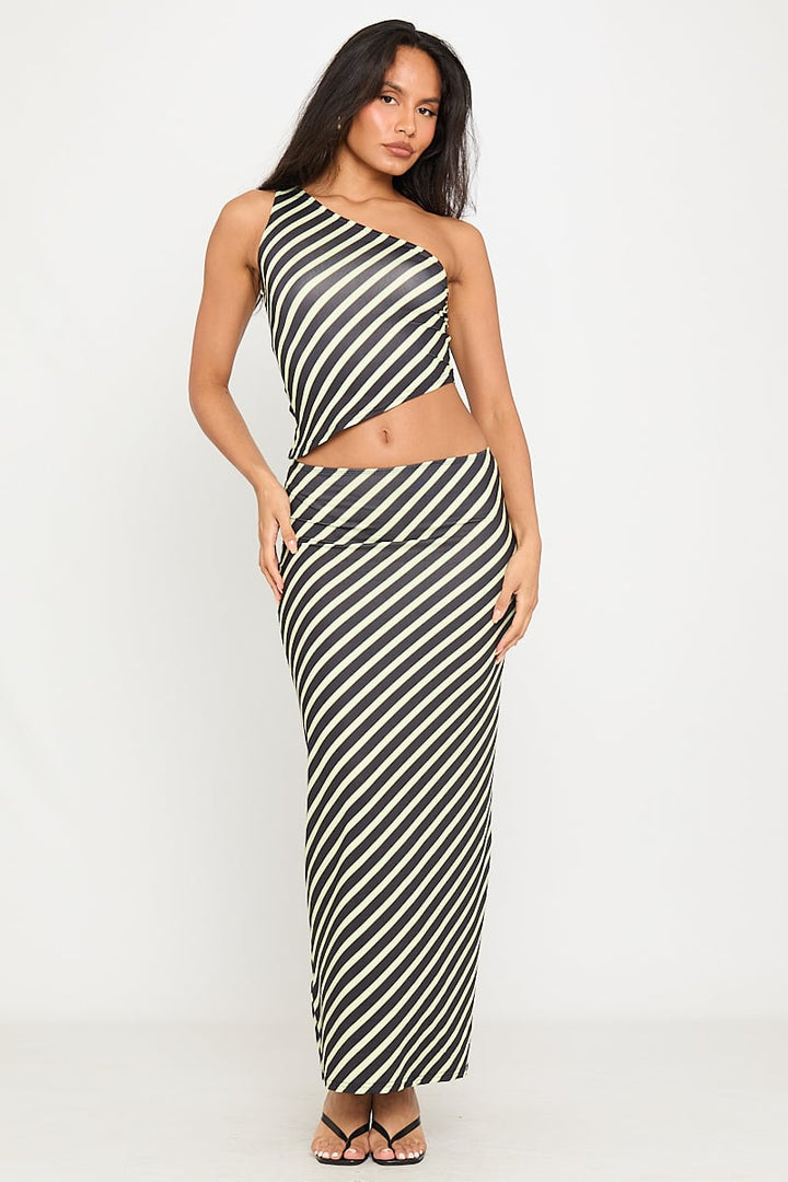 Valantomode | Chic Black Stripe Asymmetric Crop Top & Maxi Skirt Set