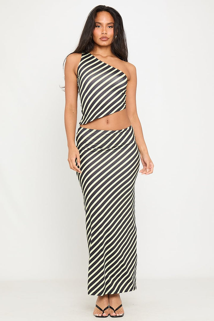 Valantomode | Chic Black Stripe Asymmetric Crop Top & Maxi Skirt Set