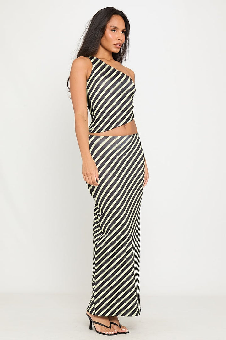 Valantomode | Chic Black Stripe Asymmetric Crop Top & Maxi Skirt Set