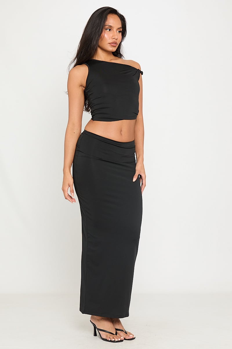 Valantomode | Chic Black Off Shoulder Top & Stylish Fold Over Maxi Skirt