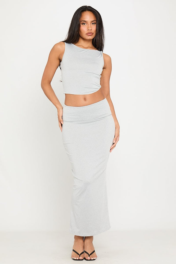 Valantomode | Chic Light Grey Off Shoulder Top & Elegant Maxi Skirt Set