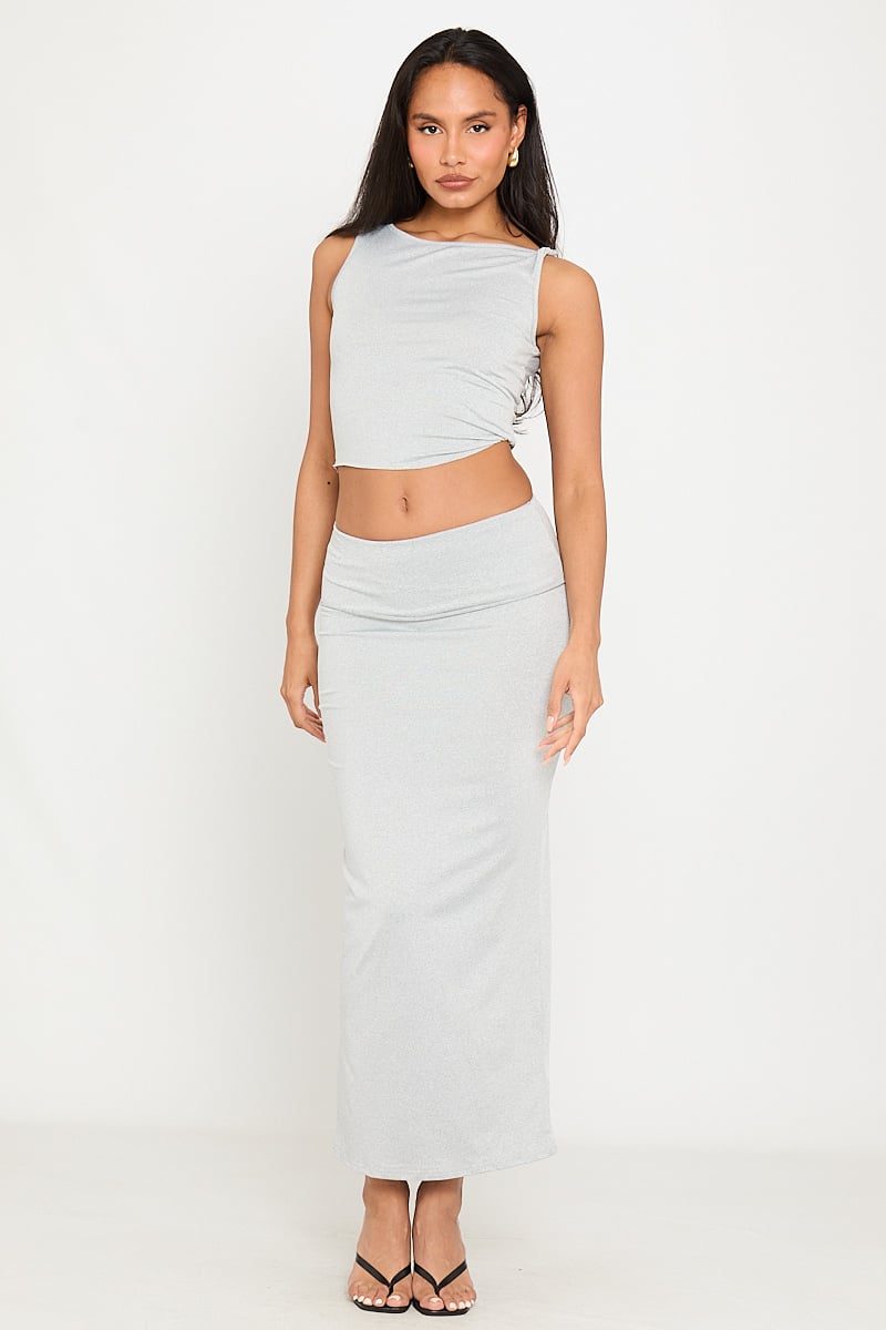 Valantomode | Chic Light Grey Off Shoulder Top & Elegant Maxi Skirt Set