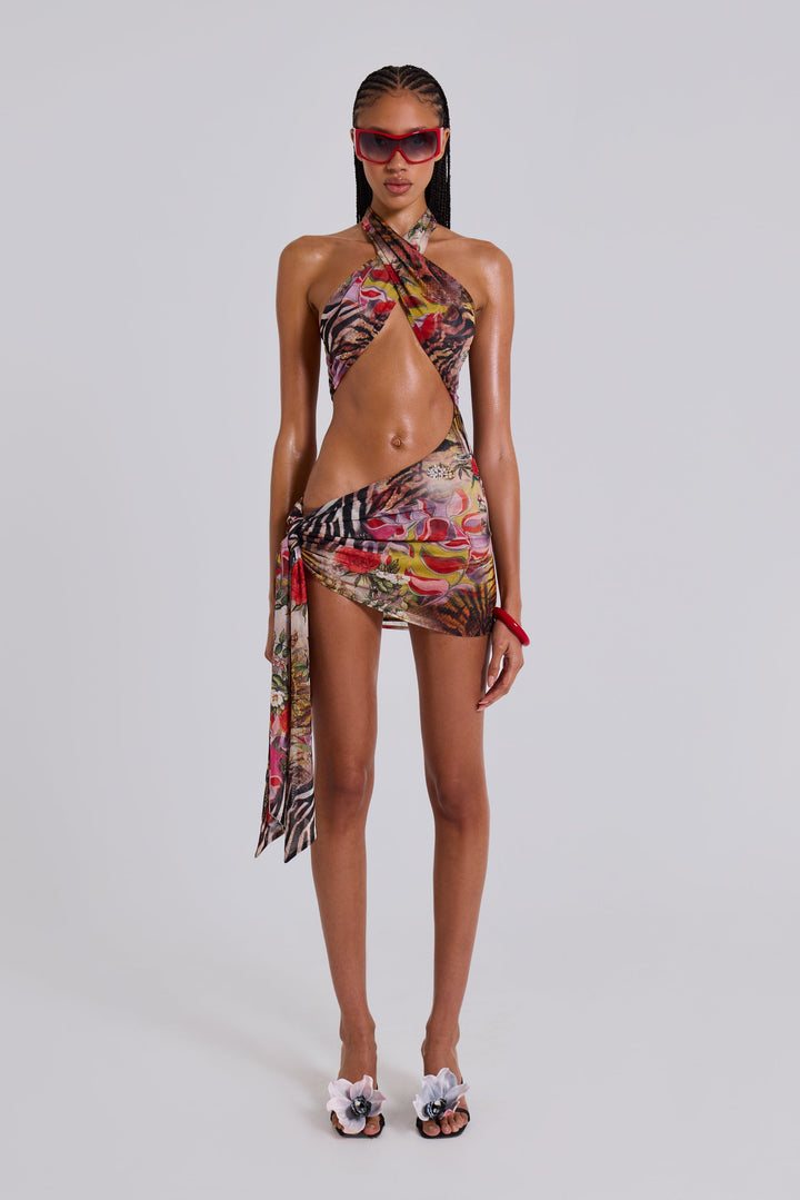 Valantomode | Trendy Asymmetric Knotted Mini Dress in Bright Fruiti
