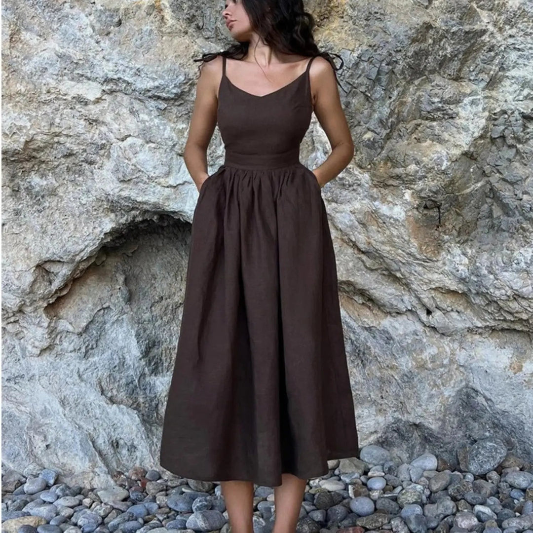 Valantomode | Stylish Green Linen Dress Perfect for Summer Days