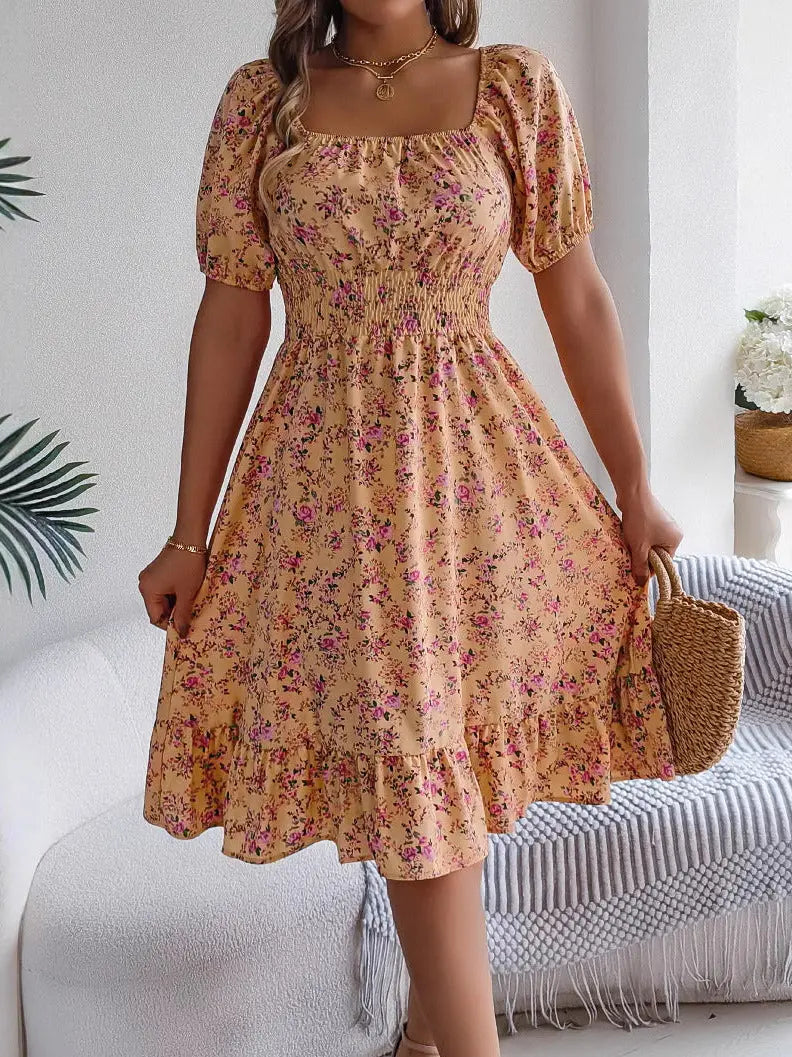 Valantomode | Charming Floral Dress with Square Neckline for Everyday Wear