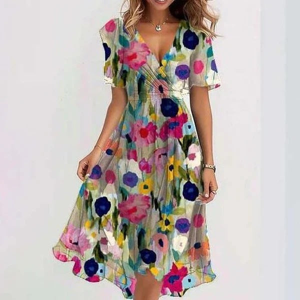 Valantomode | Floral V-Neck Midi Wrap Dress for Your Next Vacation