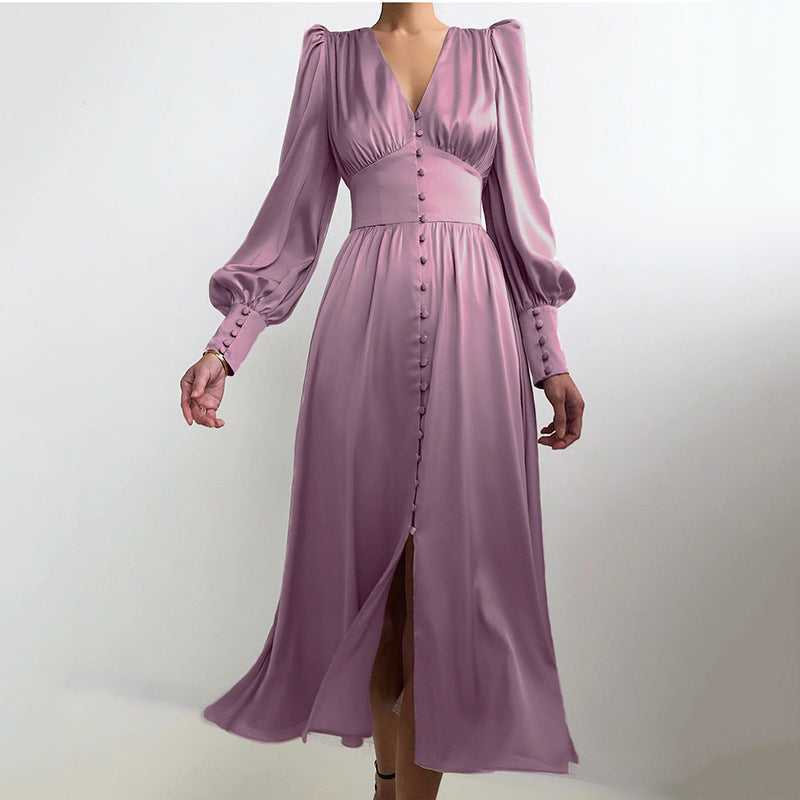 Valantomode | Long Sleeve Satin Dress for Effortless Elegance