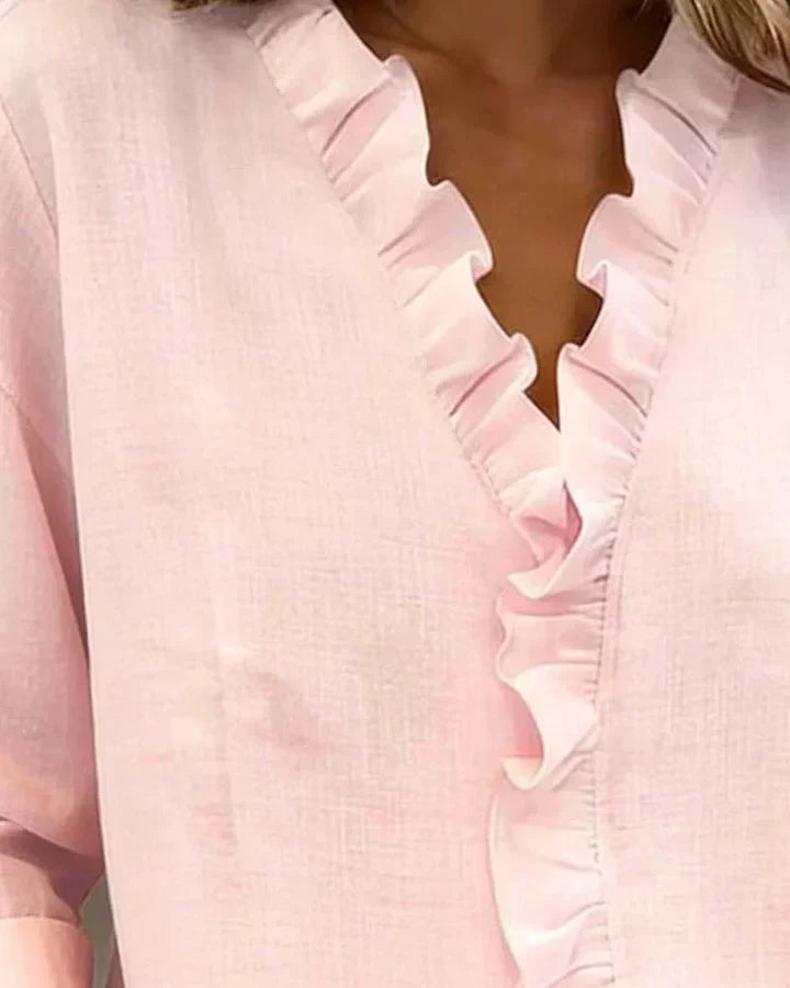 Valantomode | Blouse with Ruffles, V-Neck, Long Sleeves