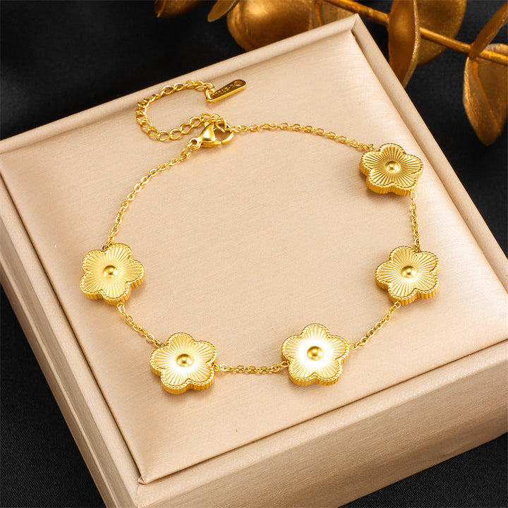 Valantomode | Gold Plated Textured Clover Bracelet for Women