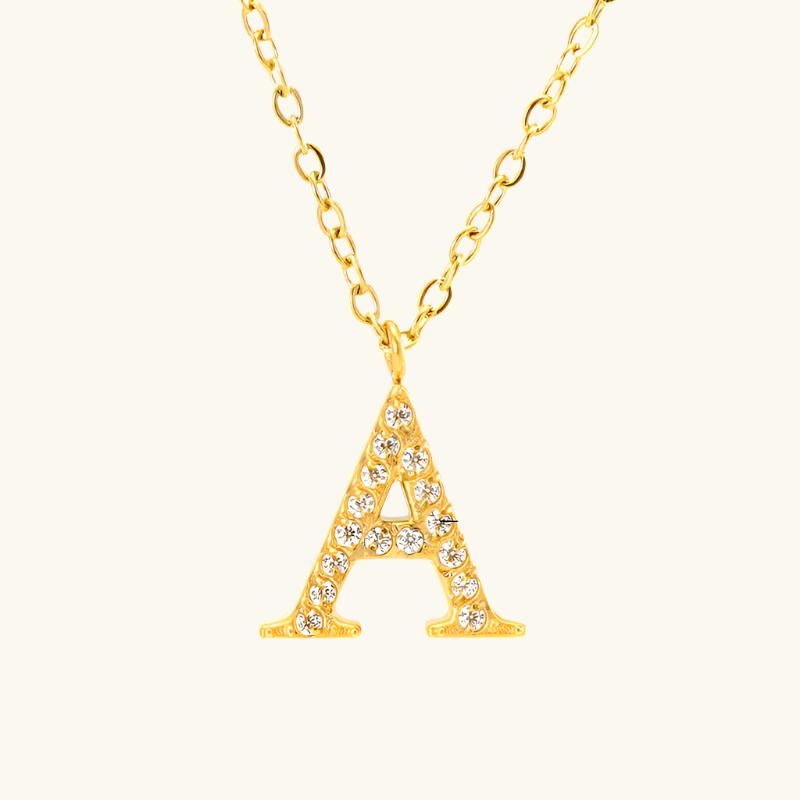 Valantomode | Plated Stainless Steel Typographic Necklace with Refractive Stone Asset