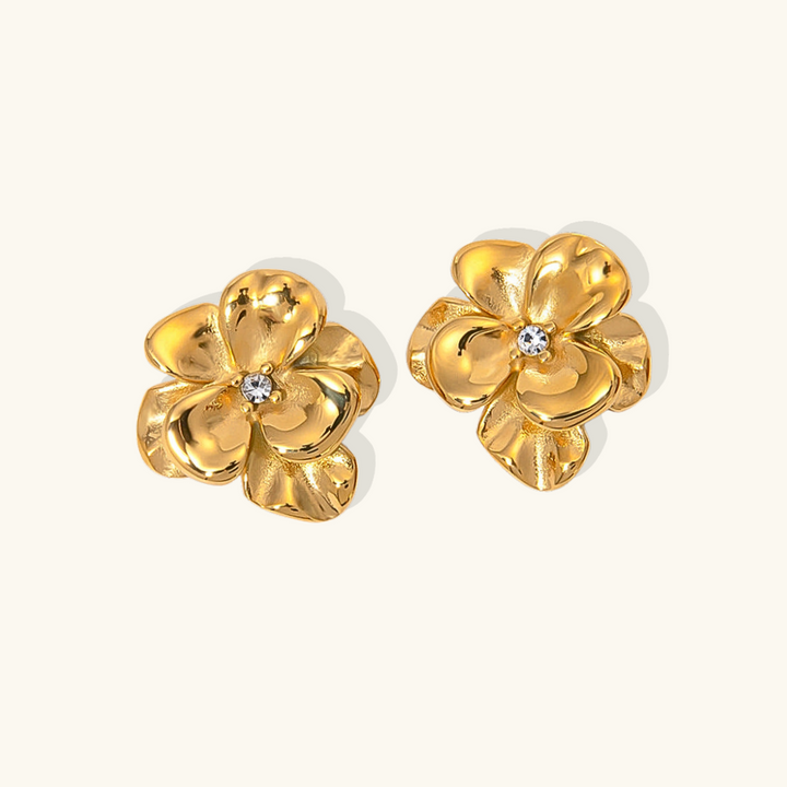 Valantomode | Plated Sculptural Floral Earrings with High-Refractive Stone Assets