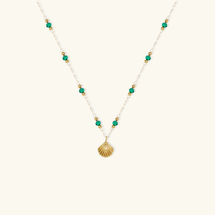 Valantomode | Plated Organic Shell Pendant Necklace with Emerald-Tone Bead Accents