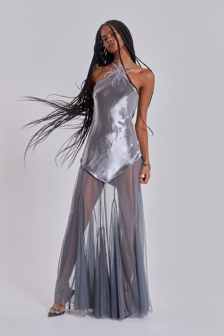 Valantomode | Stylish Maxi Dress Featuring Genuine Feathers for Women