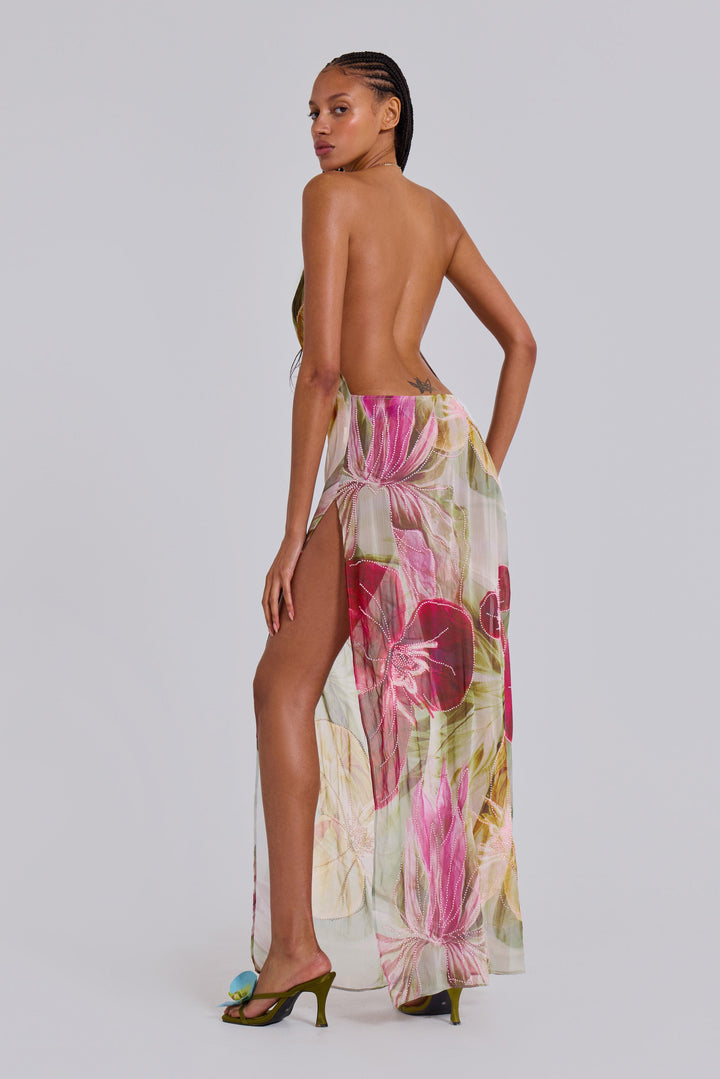 Valantomode | Stunning Pink Backless Maxi Dress with Hand-Beaded Details