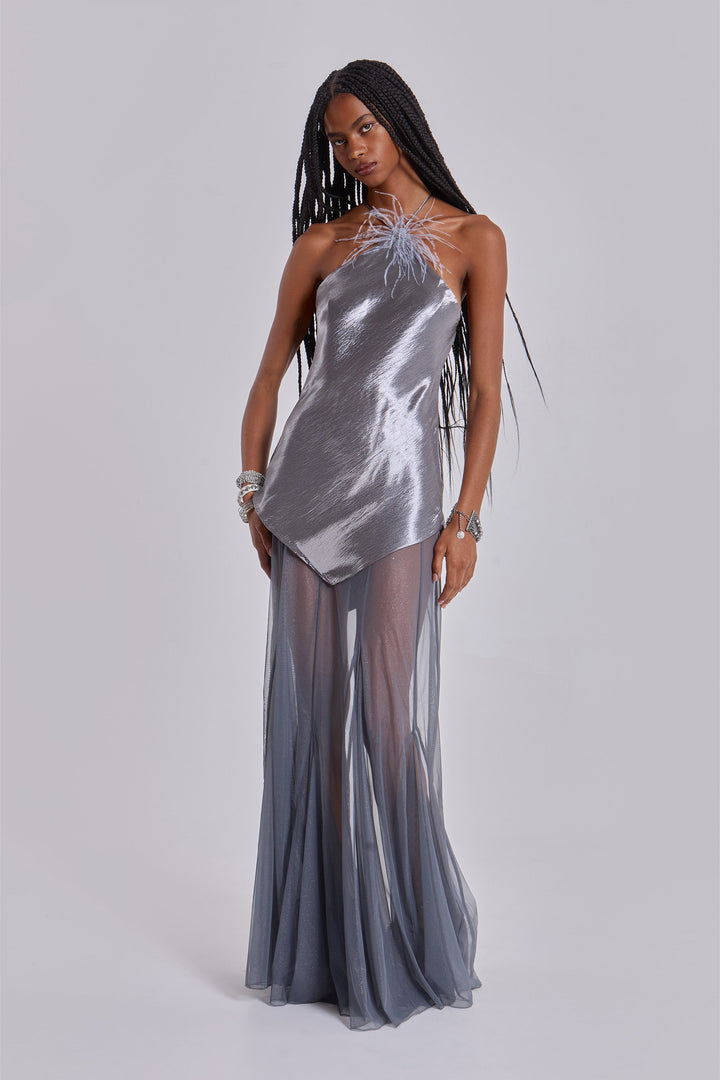 Valantomode | Stylish Maxi Dress Featuring Genuine Feathers for Women