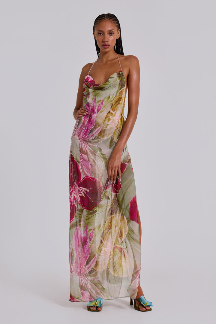 Valantomode | Stunning Pink Backless Maxi Dress with Hand-Beaded Details
