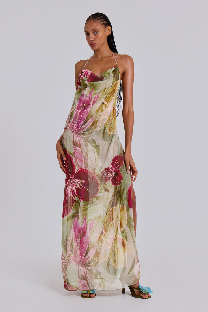 Valantomode | Stunning Pink Backless Maxi Dress with Hand-Beaded Details