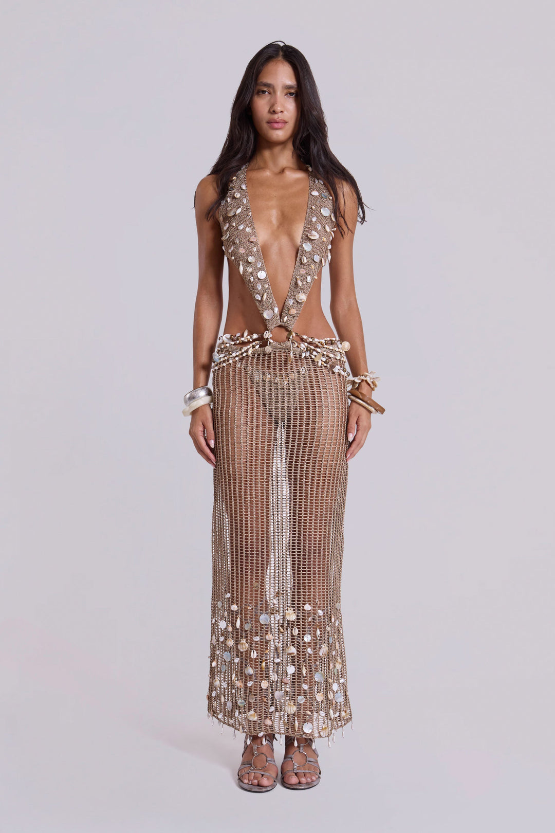 Valantomode | Chic Backless Crochet Maxi Dress with Shell Accents